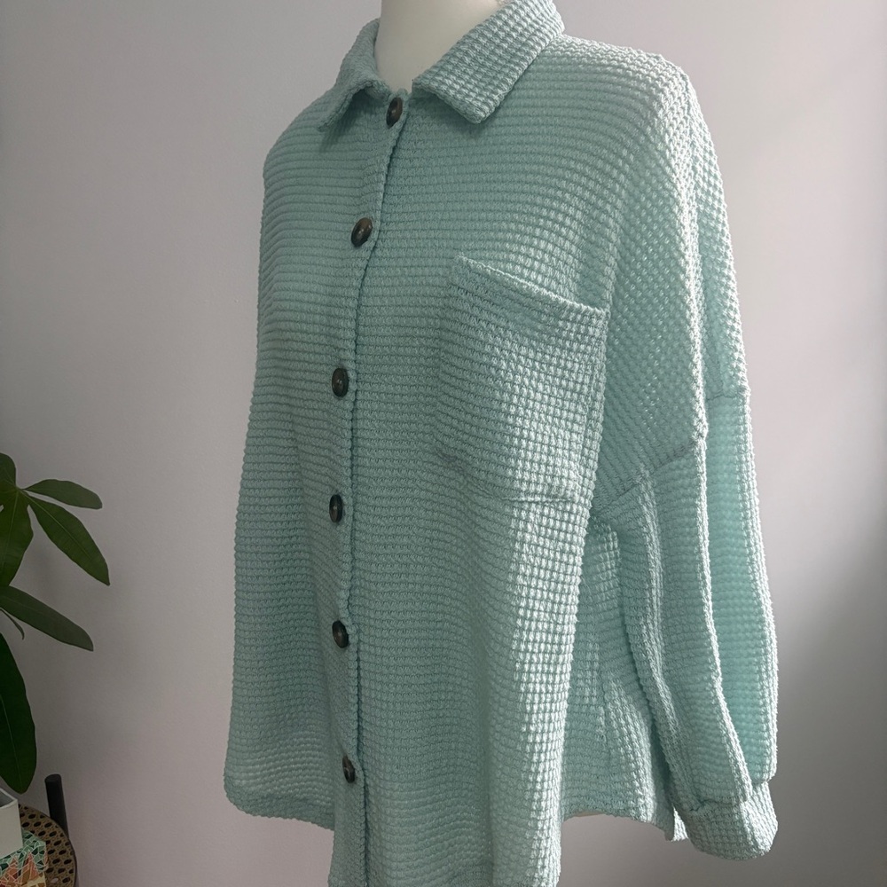 Mint Green Waffle Knit Button-Up Top - Picture 2 of 5